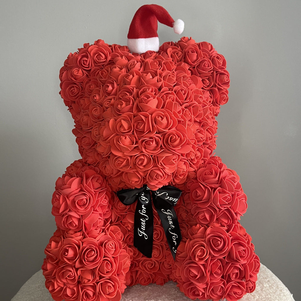 large rose bear, 40cm rose bear, rose teddy, santa hat, holiday gifts, christmas gift ideas, popular gift ideas, mother's day gift idea, valentine's day, valentine's day gift ideas 